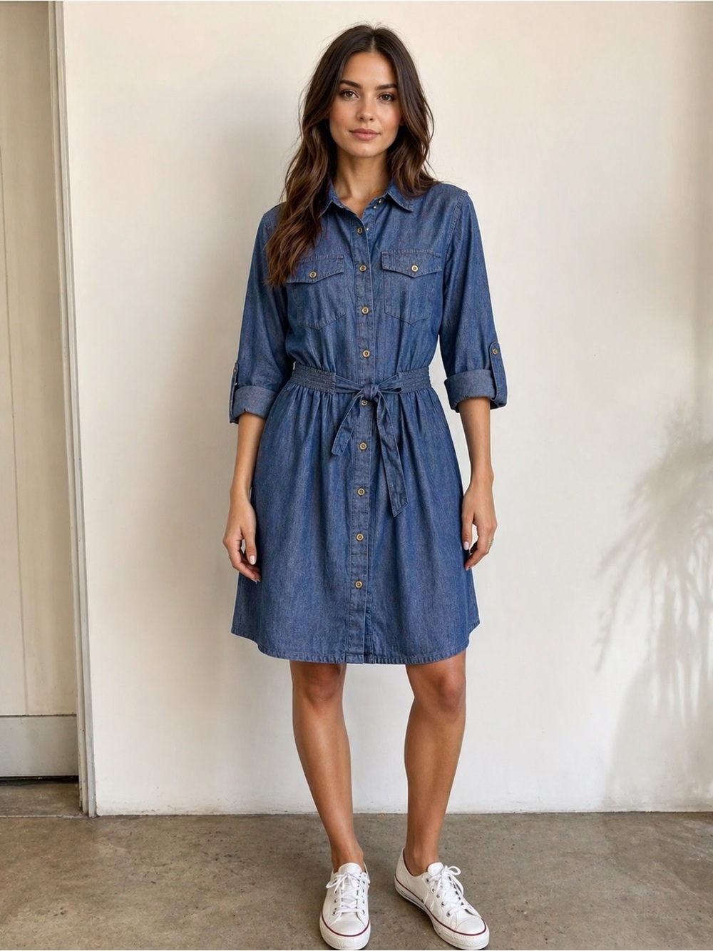 Chambray Button-Front Tie-Waist Mini Dress in Blue
